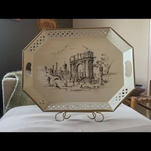 Vintage Toleware hand painted white tray gold edge